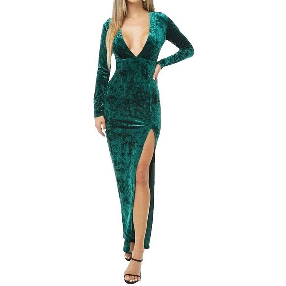 Forever 21 Green Crushed Velvet Maxi Dress Large L Side Slit Long Sleeve Holiday - Picture 1 of 8